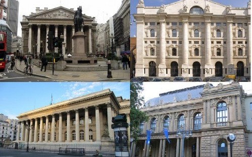 Stock Exchanges: clockwise from top left: London, Milan, Frankfurt and Paris