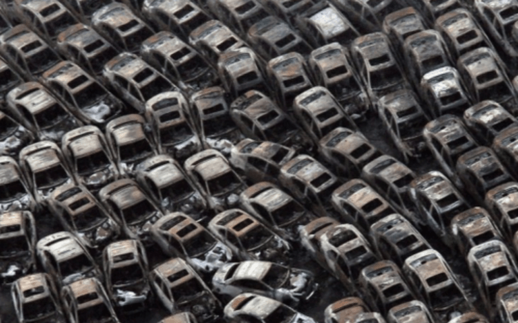 Cars swept away in the tsunami that followed the earthquake in Japan