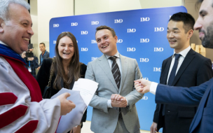 Jasper Schakel, pictured (centre) with fellow IMD MBA graduates, has gone on to co-found a water treatment company