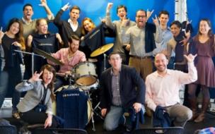 Members of Technology Business Club at Columbia Business School posing as a 'band'